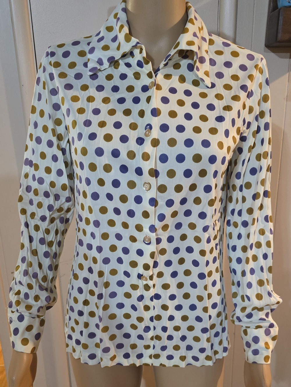 Vintage 70's Polka Dot Button-Front Blouse - White with Purple & Olive Dots